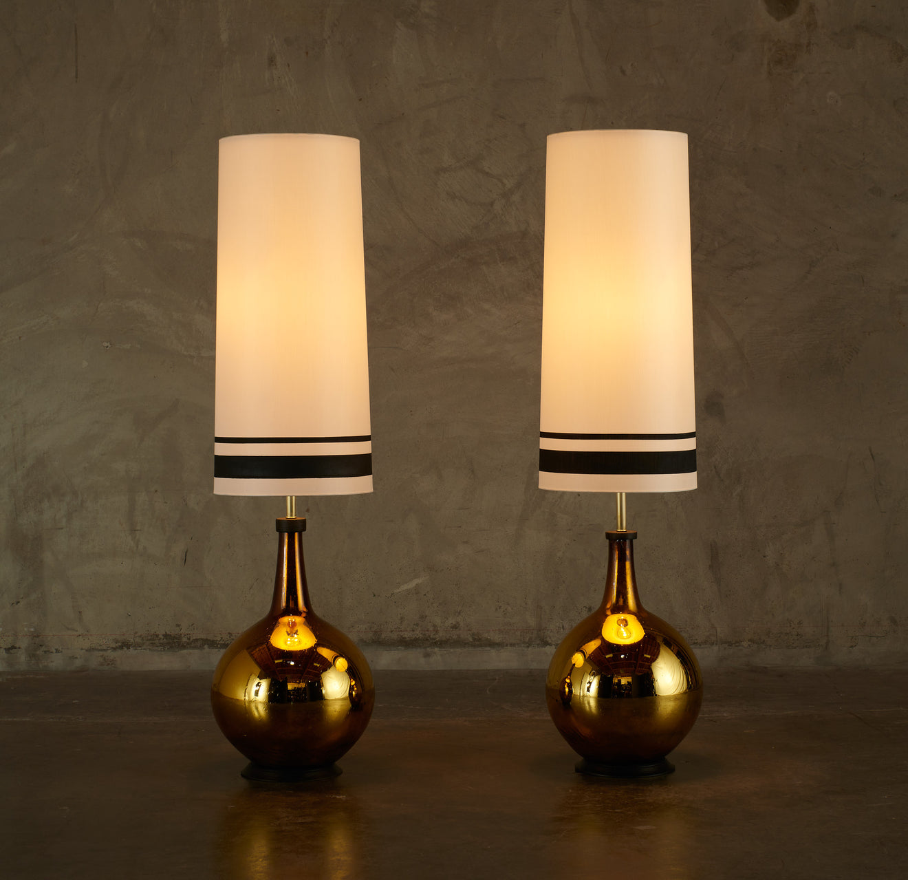 PAIR OF MONUMENTAL MERCURY GLASS LAMPS WITH CUSTOM PAINTED SHADES
